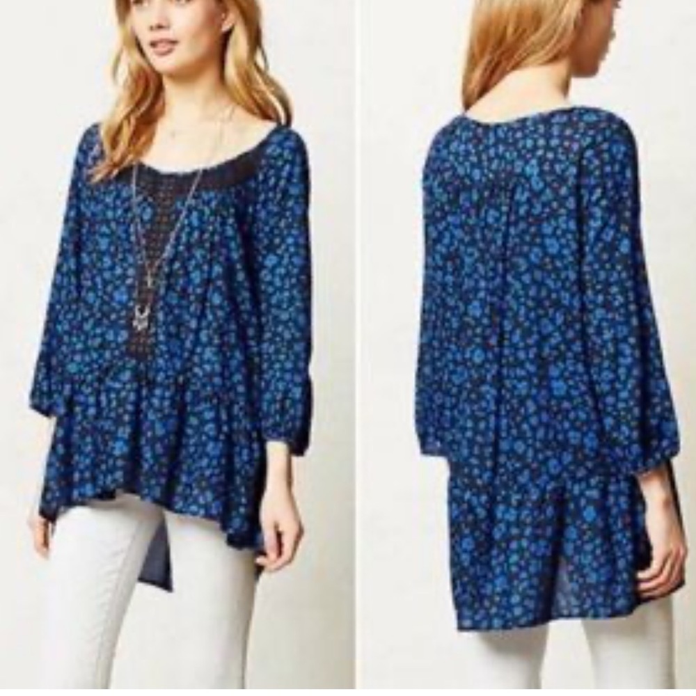 Anthropologie HD In Paris Blue Leopard Print Tunic Top Size Small